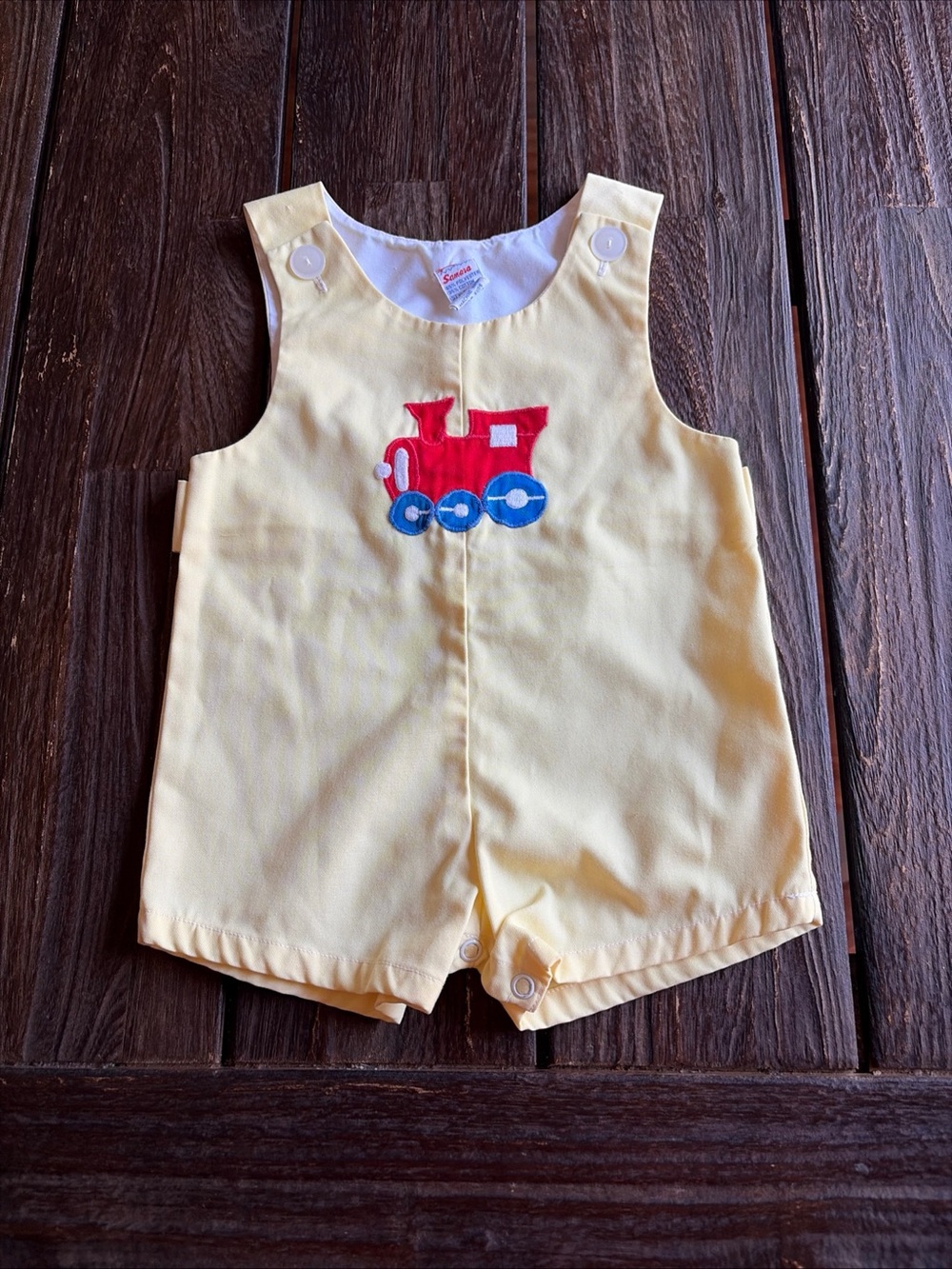 Samara Vintage Baby 6-9 M Yellow Red Train  Shortall Romper Baby Retro One Piece